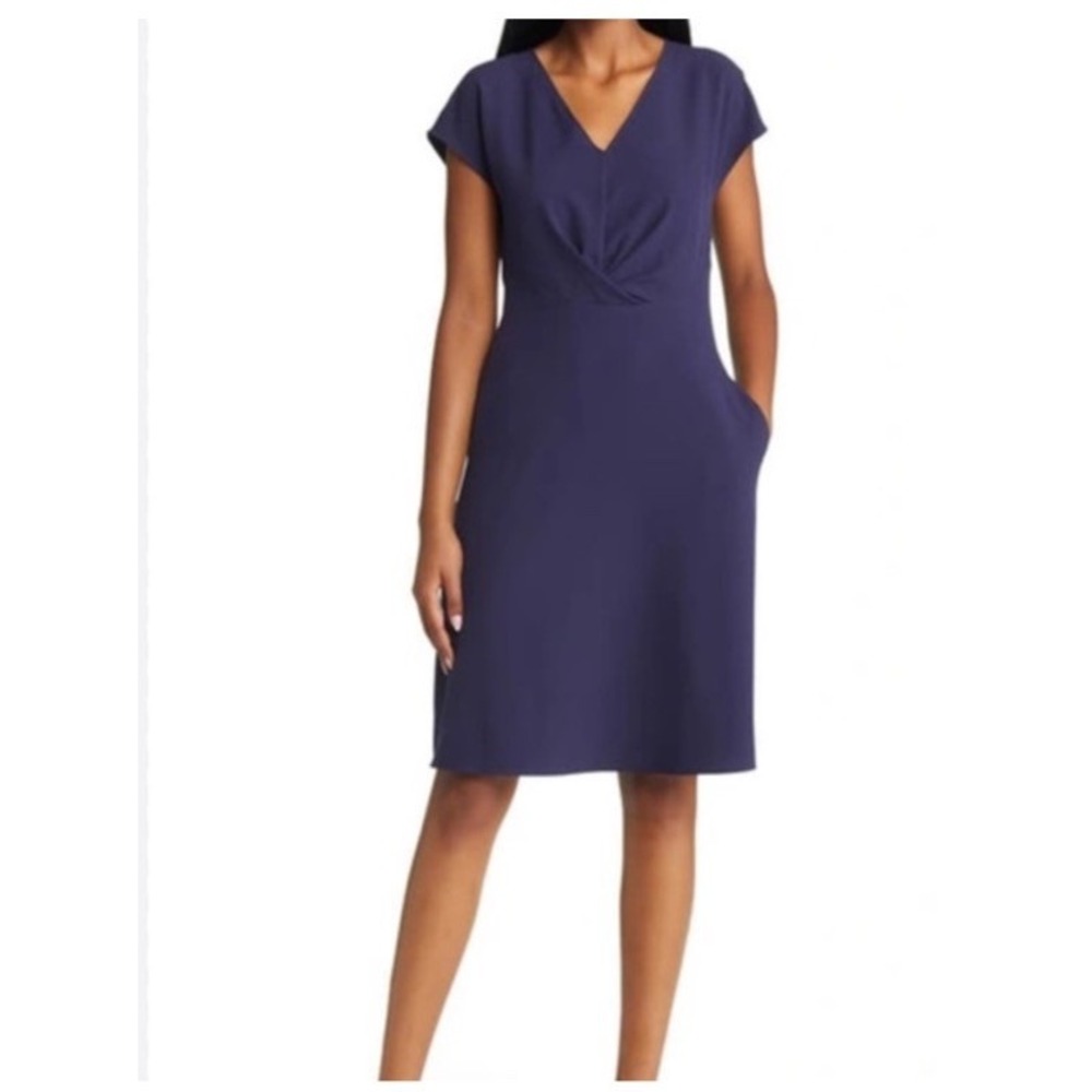 Tahari ASL Navy Blue Twist Front V Neck A-Line Fit and Flare Dress Womens 8
